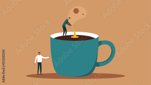 Coffee Cascade A tiny human depicted with exaggerated features is perched precariously on the edge of a giant coffee mug. They are in midpour with a stream of coffee flowing down