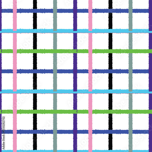 Blue grid pattern with colorful square tiles in geometric mosaic design