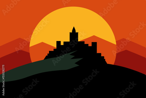 European castle city silhouette at sunrise with an orange sky