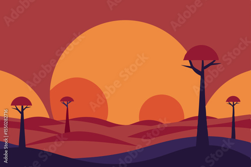 Abstract autumn landscape with trees silhouetted against a vibrant orange and yellow sunset sky over distant mountains