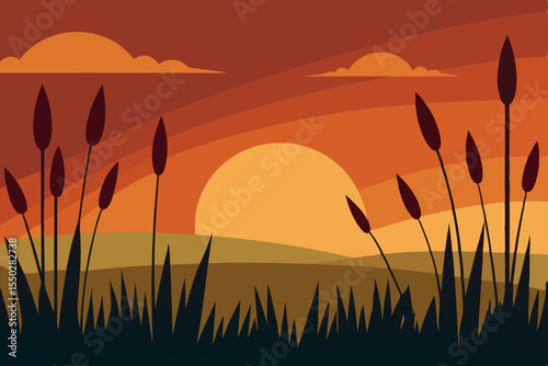 Golden sun setting over a vast landscape with silhouetted trees and tall grass