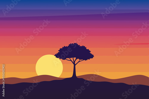 A vibrant sunset landscape silhouettes trees against a colorful sky, blending nature's beauty from dusk till dawn
