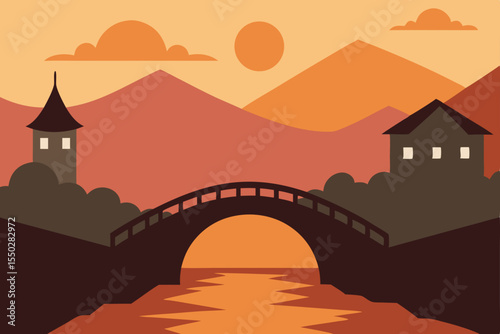 Vector illustration of old bridge and town at sunset with silhouetted city skyline and church towers against an orange sky