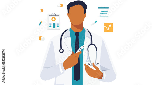 Professional Doctor Holding Syringe with Vaccine in Flat Vector Design
