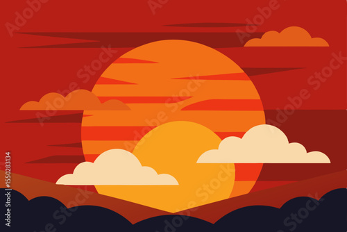 An orange summer sunset silhouettes mountains and a lone tree over the sea, with golden light rays piercing a cloudy sky