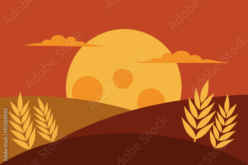 Sunset over Golden Wheat Fields A Harvest Illustration