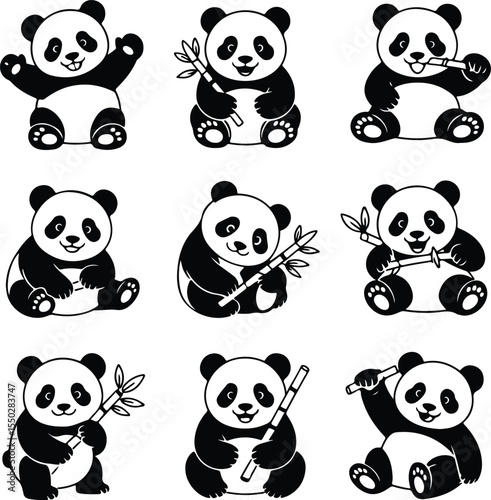 Cute Panda Silhouette Icons – Bamboo Eating Bear Vector Set Panda Eating Bamboo Icon Silhouette Set – Wild Animal Vector Design