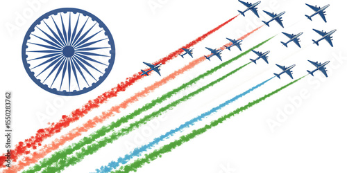 Indian Republic Day Air Force Flypast with Ashoka Chakra and Tricolor Smoke Trails A I G E N E R A T E D - P N G isolated on a transparent background