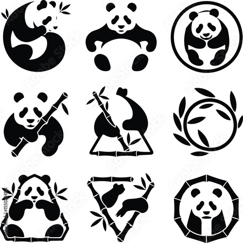 Cute Panda Silhouette Icons – Bamboo Eating Bear Vector Set Panda Eating Bamboo Icon Silhouette Set – Wild Animal Vector Design