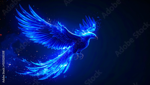 A Radiant Blue Phoenix with Glowing Feathers Soaring Through a Dark Celestial Sky