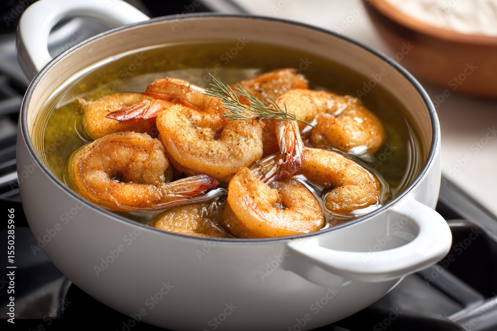 Battered shrimp simmering in hot oil, golden brown seafood cooking in white pot, delicious and appetizing Battered shrimp simmering in hot oil, golden brown seafood cooking in white pot, delicious and appetizing