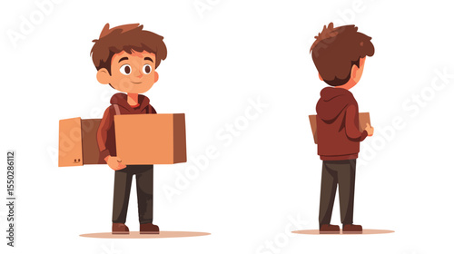 Young Boy Carrying Donation Box Flat Vector Illustration