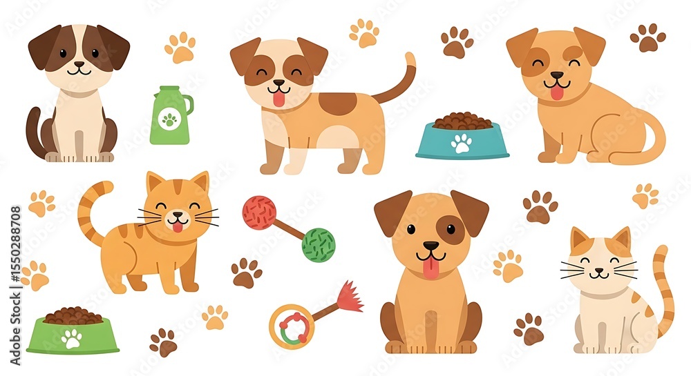 Fototapeta premium Cute Pets Vector Illustration – Cats and Dogs on White Background
