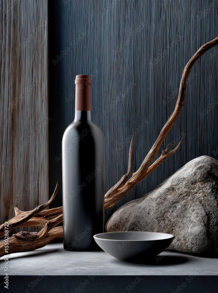 Naklejka premium Luxury matte red wine bottle with brown cap, ceramic bowl, stone, and dry branch on gray table, moody atmosphere