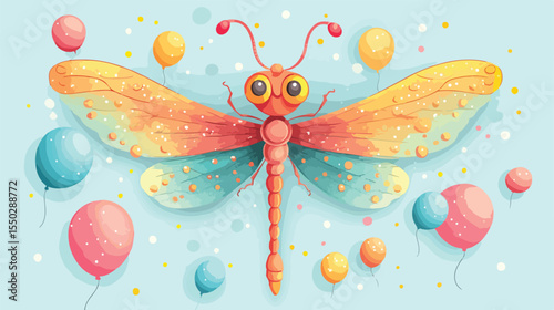 Dragonfly Figure with Balloons Flat Vector Illustration