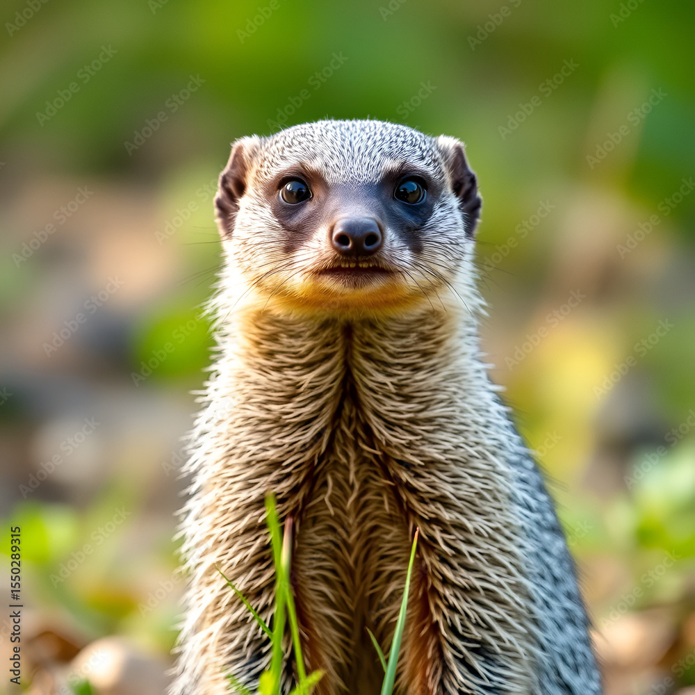 Fototapeta premium Portrait of a bandit mongoose. Animal in natural environment. Mungos mungo.
