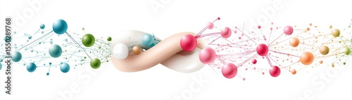 A vibrant abstract design featuring intertwining shapes and colorful spheres, symbolizing connectivity and innovation, suitable for technology, science, or creativity-related projects,