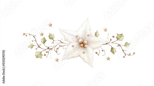 Elegant white flower design with golden stars and green leaves, suitable for holiday-themed invitations, greeting cards, and decorations, adding a touch of sophistication and charm,