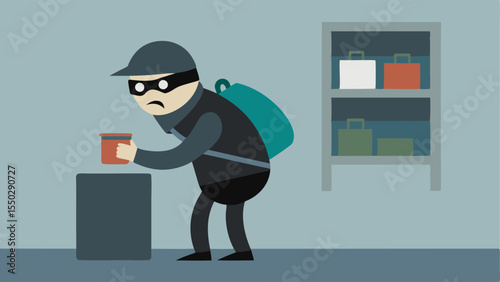 Collecting Cash A robber hastily stuffing money into a backpack while eyeing a security camera in the corner of the shop.