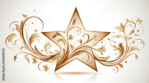 Elegant golden star adorned with ornate floral swirls, ideal for awards, celebration graphics, or decorative elements in invitations and event programs, Perfect for adding a touch of sophistication,