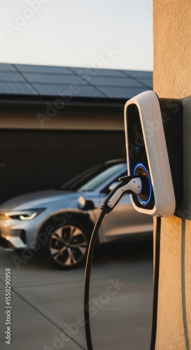 Close-up of futuristic black-and-white AC EV wall box charger with circular blue LED ring and plug inserted, silver SUV in background near garage with solar panels, evening light