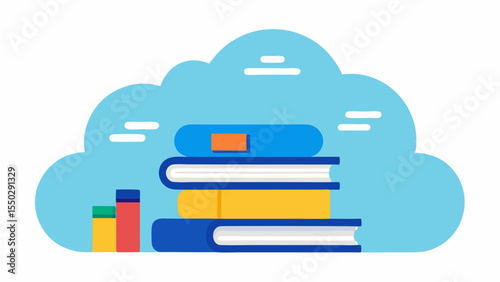 An illustration showing a stack of dusty bank books and ledgers on one side transitioning into a cloud icon symbolizing online banking storage and access with digital checking