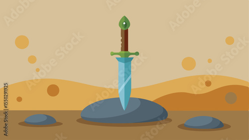 Dagger a Stones A dagger with an ornate handle stuck between two large stones on the side of a ditch surrounded by pebbles and dirt.