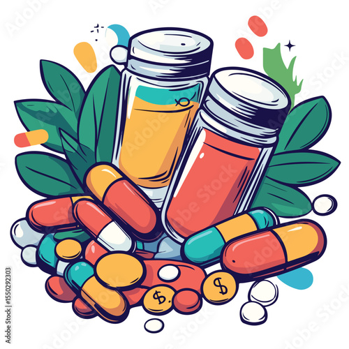 Cartoon Illustration of Drugs and Money Exchange with Hand Gesture