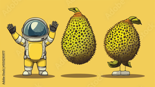 Friendly Durian Astronaut Cartoon Mascot Waving in Space Suit