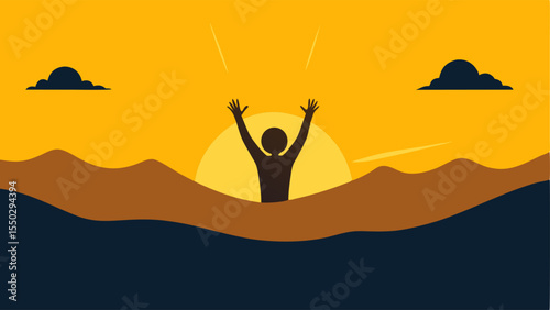 A person is halfsubmerged in quicksand reaching towards a bright sunny sky. In the background a faint silhouette of mountains symbolizes challenges. Bright rays of sunlight