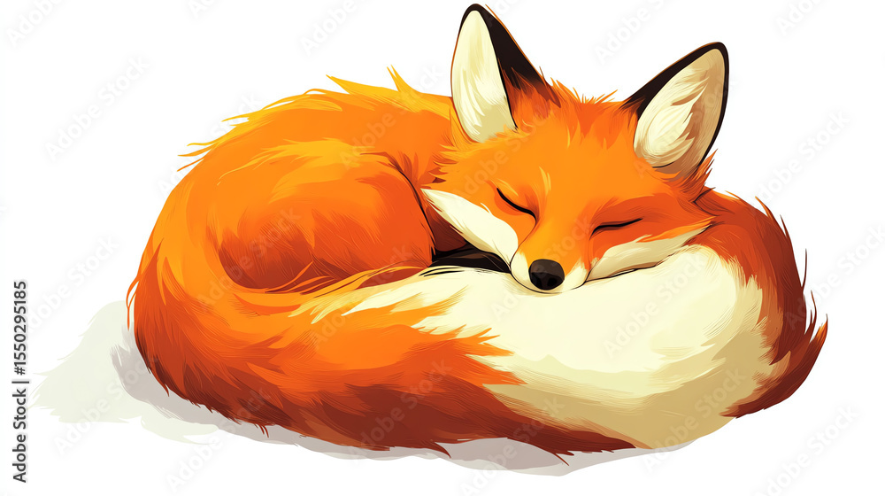 Obraz premium Cartoon fox curled up sleeping, orange tones, white background