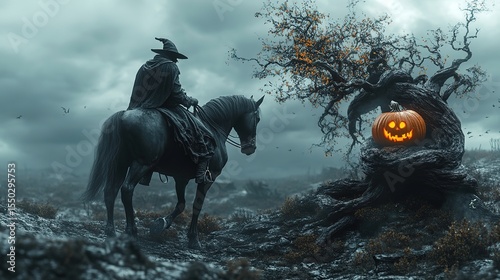 Mystical horseman encountering haunted pumpkin tree spooky forest fantasy art dark atmosphere side view halloween theme