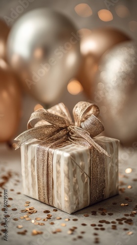 Close-up of a square gift box wrapped in elegant glossy paper with a luxurious ribbon bow. Surrounded by metallic confetti and shimmering balloons. Soft cinematic lighting, smooth bokeh, rich tones 