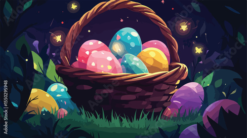 Easter Basket with Eggs Flat Vector Illustration