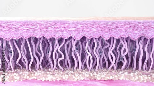 Skin aging process. Degradation of fibroblasts, destruction of collagen and elastin fibers, and the wrinkle formation process, sagging skin, loss of volume, and loss of elasticity. 3D animation
