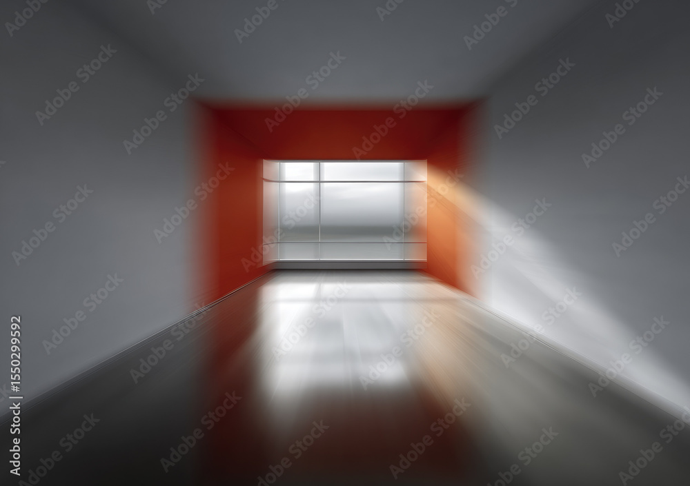 Obraz premium Minimalist room modern interior empty space red accent wall large window sunlight streaming abstract architecture clean lines reflective floor peaceful atmosphere