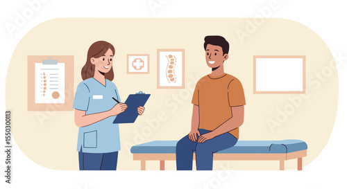 Female nurse discussing health with smiling male patient indoors  