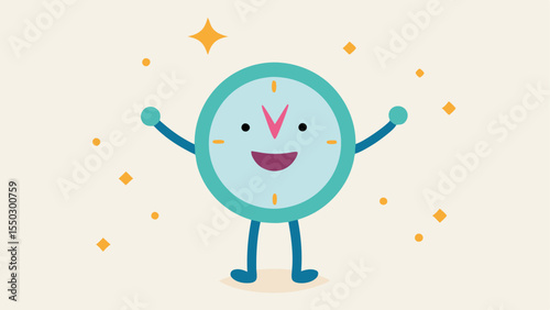 Cheerful Timeless The character stands with arms akimbo exuding a sense of joy. The clock face features bright colors and the hands point to 12 oclock symbolizing midday. Sparkles