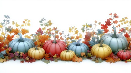 Festive and decorative autumn border or banner. Collection of pumpkins in various sizes and colors interspersed among colorful fall foliage. White background