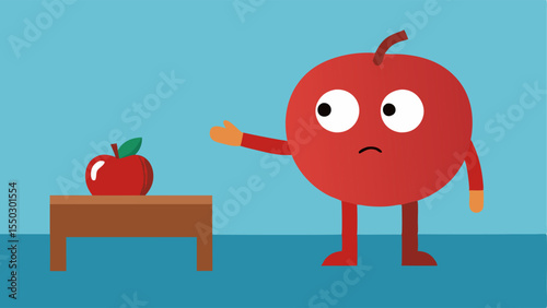 Character and an Apple The character now looking even more bewildered points at a shiny red apple sitting on a table. The caption says Is this a toy The apple gleams with a