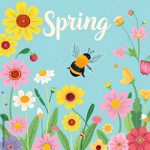Vibrant spring illustration featuring flowers and a buzzing bee.