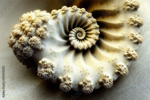 Spiral shell pattern with intricate texture creamy beige color natural symmetry close up detailed surface organic form abstract design calm mood soft lighting