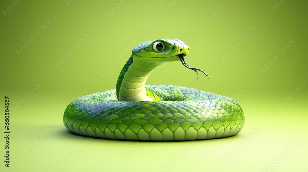 Fototapeta premium Bright green snake coiled on a light background, showcasing intricate scales and realistic features while poised and alert