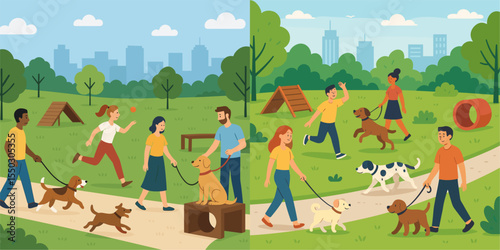 Dog Park Scenes: People Walking Dogs in a Vibrant Urban Environment