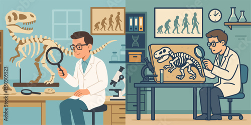 Illustration of a Paleontologist Examining Dinosaur Fossils in a Laboratory