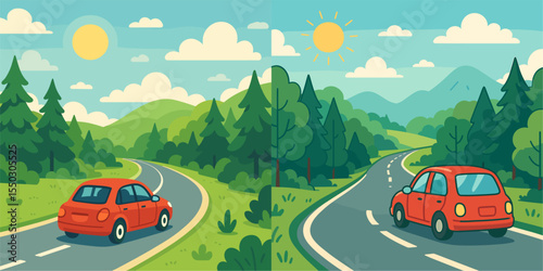 A Scenic Road Trip Through Lush Green Landscapes with a Red Car
