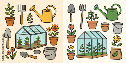 Colorful Gardening Tools and Greenhouse Vector Elements for Nature Lovers and Gardeners