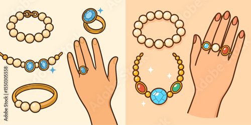 Stylized Jewelry Collection with Rings, Bracelets and Necklaces