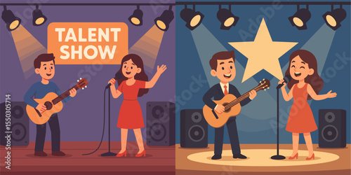 Vibrant Talent Show Scene with Musicians Performing on Stage