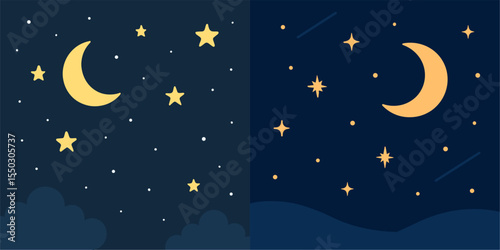 Two Styles of Night Sky: Crescent Moons and Stars